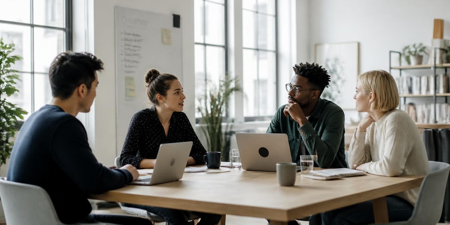A small founding team talking around a table in a bright office
