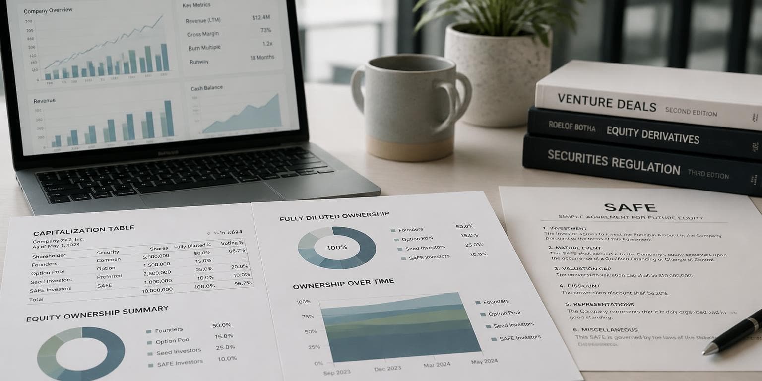 Printed cap table, ownership charts, and a SAFE term sheet