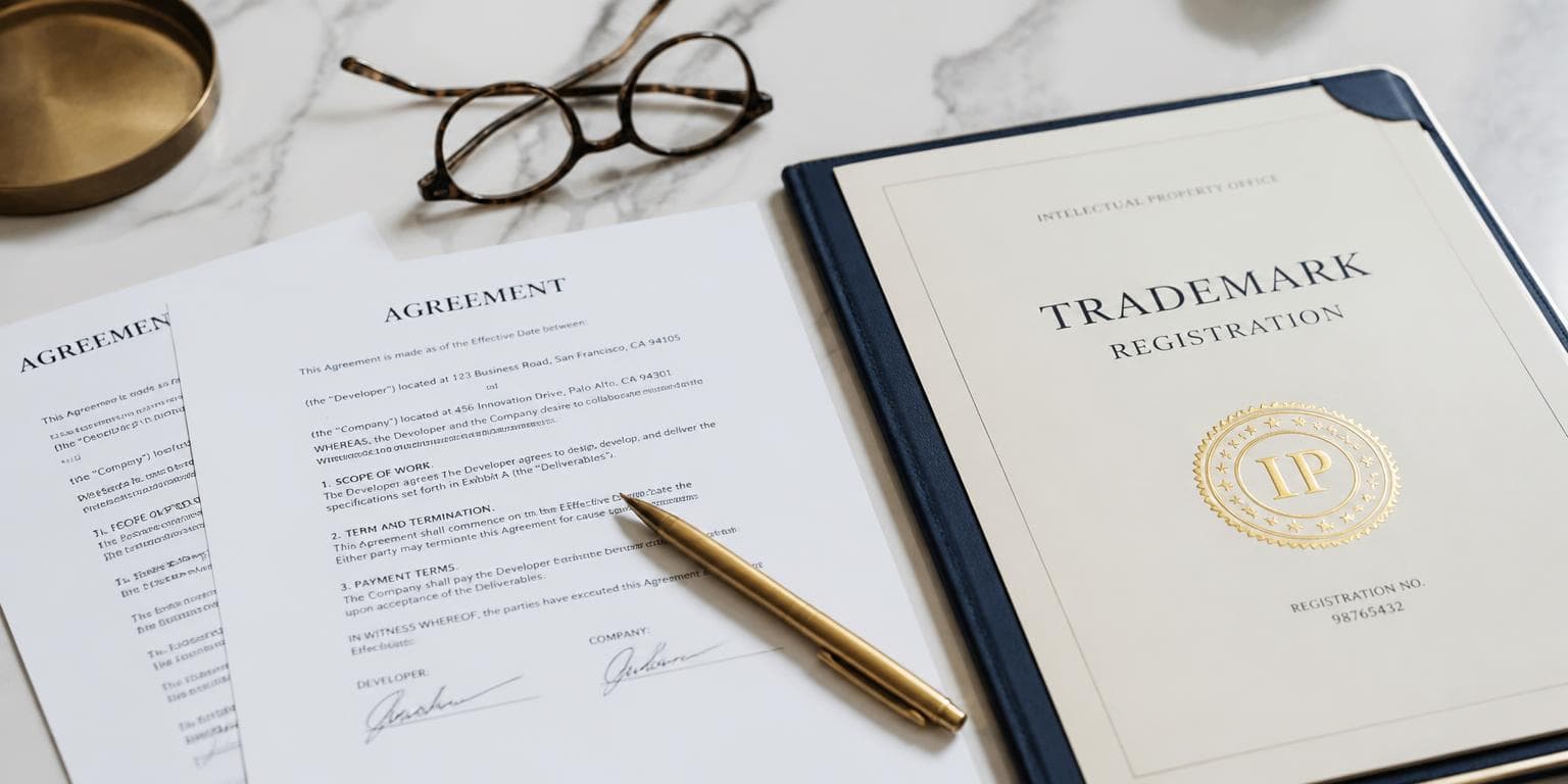Signed legal agreements and a trademark registration folder