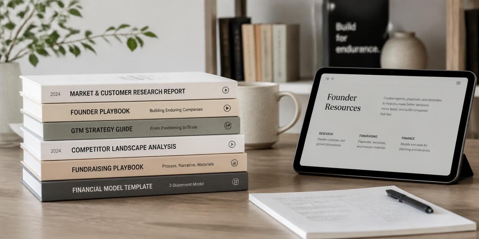 A stack of founder reports, playbooks, and templates