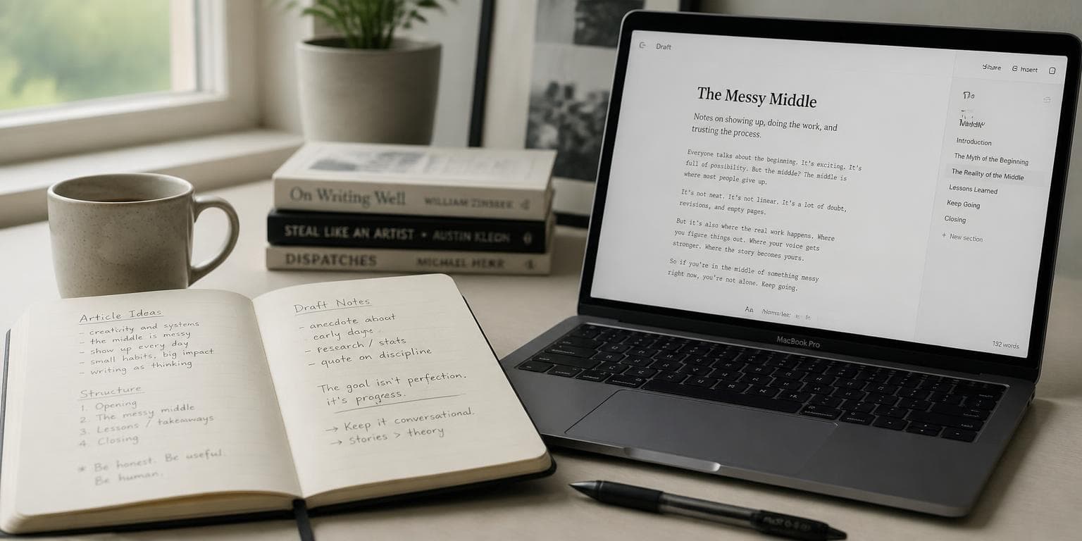 An open notebook of article notes beside a laptop draft