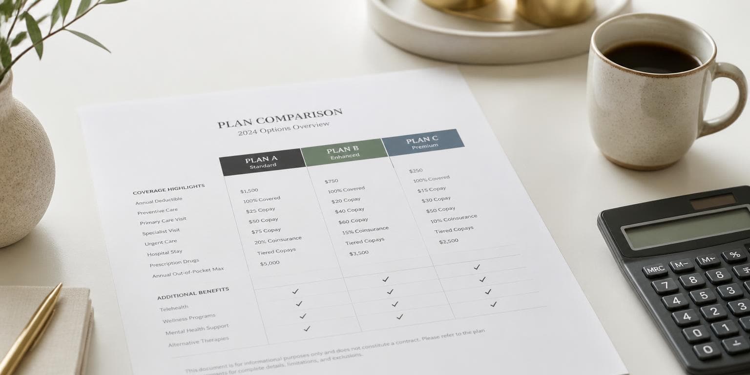 A printed plan comparison sheet beside a calculator